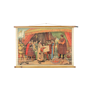 Educatieve Oude Schoolplaat Vaderlandse Geschiedenis Columbus aan het Spaanse Hof 94x65cm