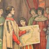 Educatieve Oude Schoolplaat Vaderlandse Geschiedenis Columbus aan het Spaanse Hof 94x65cm