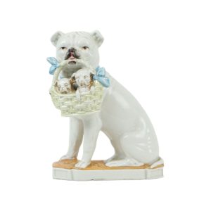 Zeldzaam Antiek Beeld Bulldog Mopshond met Puppies Art Nouveau Porselein