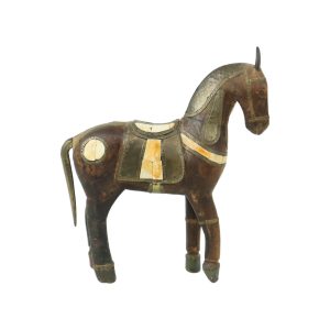 Vintage Marwari Paard Gesneden Hout Ingelegd met Been en Koper 26cm