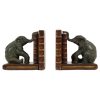 Vintage Koppel Boekensteunen Olifant Gepatineerd Brons Hout Leder