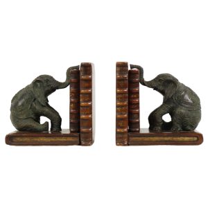 Vintage Koppel Boekensteunen Olifant Gepatineerd Brons Hout Leder