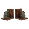 Vintage Koppel Boekensteunen Olifant Gepatineerd Brons Hout Leder
