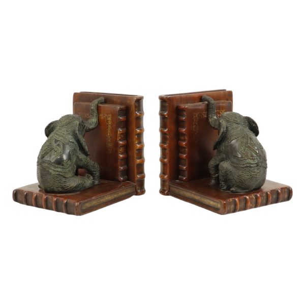 Vintage Koppel Boekensteunen Olifant Gepatineerd Brons Hout Leder