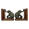 Vintage Koppel Boekensteunen Olifant Gepatineerd Brons Hout Leder