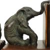 Vintage Koppel Boekensteunen Olifant Gepatineerd Brons Hout Leder
