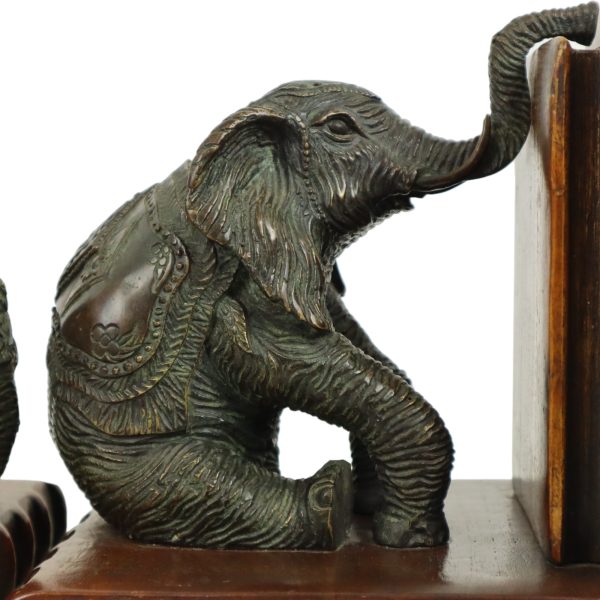 Vintage Koppel Boekensteunen Olifant Gepatineerd Brons Hout Leder