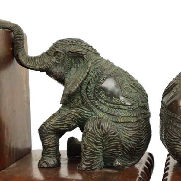 Vintage Koppel Boekensteunen Olifant Gepatineerd Brons Hout Leder