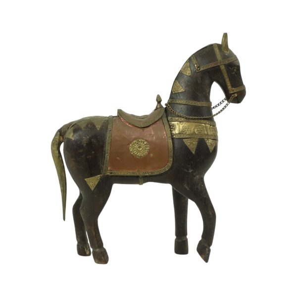 Vintage Houten Marwari Paard Koper Messing Beeld Sculptuur 27cm