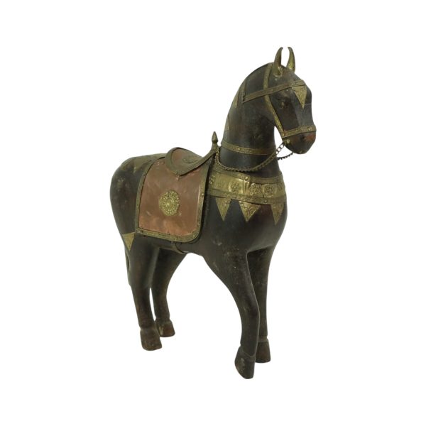 Vintage Houten Marwari Paard Koper Messing Beeld Sculptuur 27cm