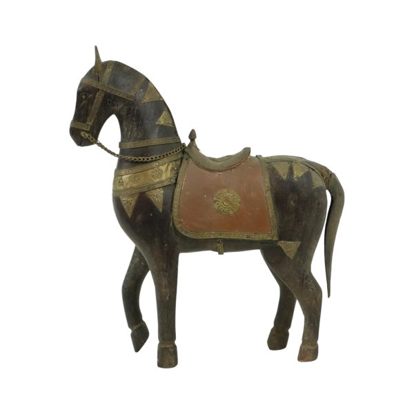 Vintage Houten Marwari Paard Koper Messing Beeld Sculptuur 27cm