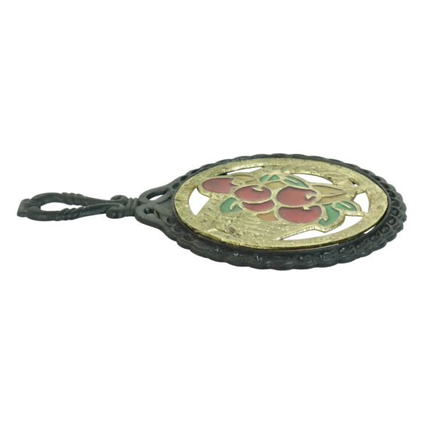 Vintage Onderzetter Gietijzer Messing Gekleurd Glas Kersen