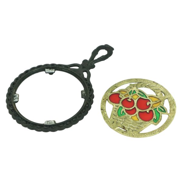 Vintage Onderzetter Gietijzer Messing Gekleurd Glas Kersen