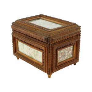 Oude Houten Tramp Art Doos Juwelenkist Trinket Volkskunst