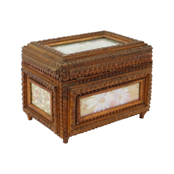 Oude Houten Tramp Art Doos Juwelenkist Trinket Volkskunst