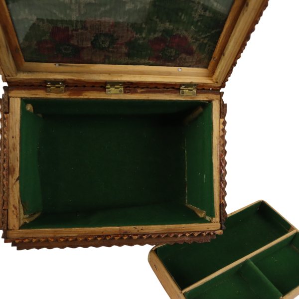 Oude Houten Tramp Art Doos Juwelenkist Trinket Volkskunst