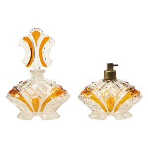 Art Deco Stijl Amberkleur Parfum Toiletset Boudoir Bleikristal