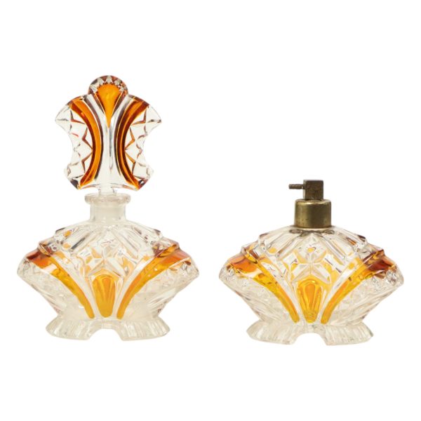 Art Deco Stijl Amberkleur Parfum Toiletset Boudoir Bleikristal