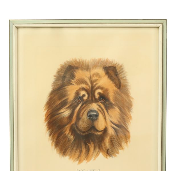 Vintage Ingelijste Kleuren Ets Hond Chow Chow Gesigneerd