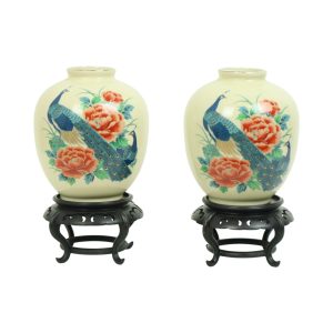 Koppel Japanse Vazen Pauwen Bloemen Craquelé Keramiek 26cm