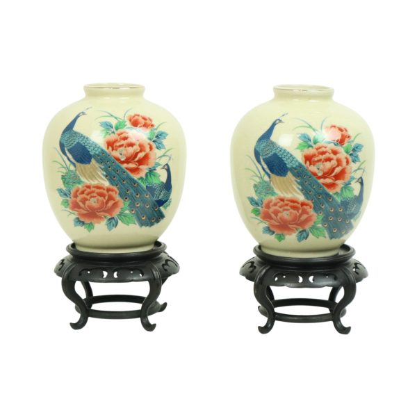 Koppel Japanse Vazen Pauwen Bloemen Craquelé Keramiek 26cm