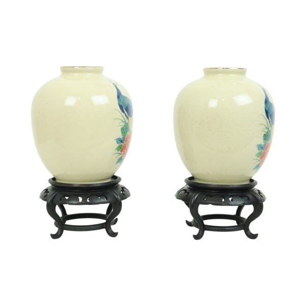Koppel Japanse Vazen Pauwen Bloemen Craquelé Keramiek 26cm