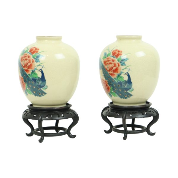 Koppel Japanse Vazen Pauwen Bloemen Craquelé Keramiek 26cm