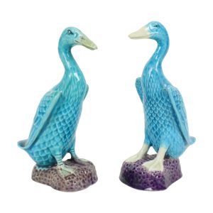 Vintage Eend Beeldje Figuur Koppel Blauw Chinees Porselein