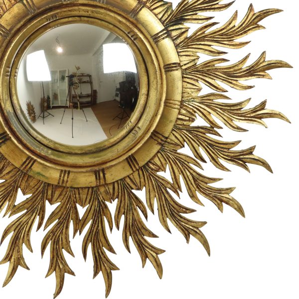 Grote Zeldzame Houten Zonnespiegel Sunburst Bladgoud XL 86cm