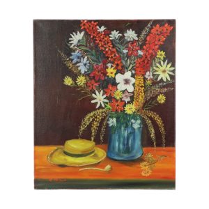 Bloemen met Hoed Stilleven Schilderij Gesigneerd 60x50cm