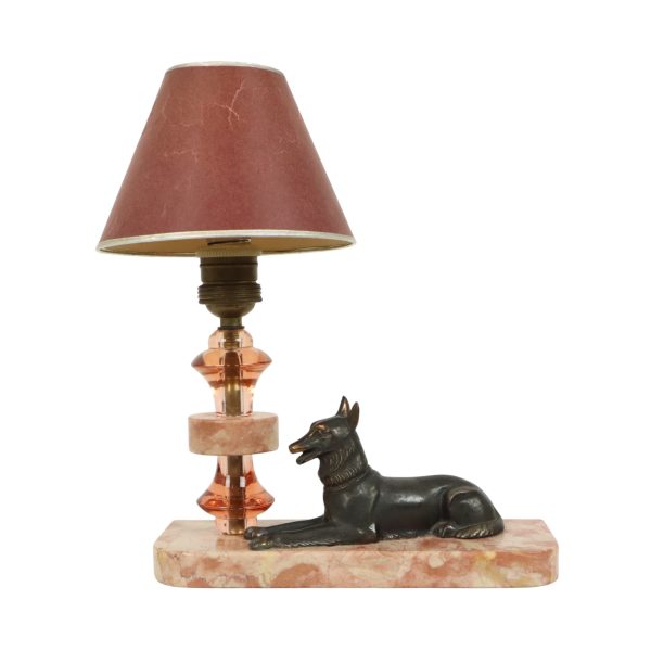 Franse Art Deco Tafellamp Roze Marmer Glas Herdershond