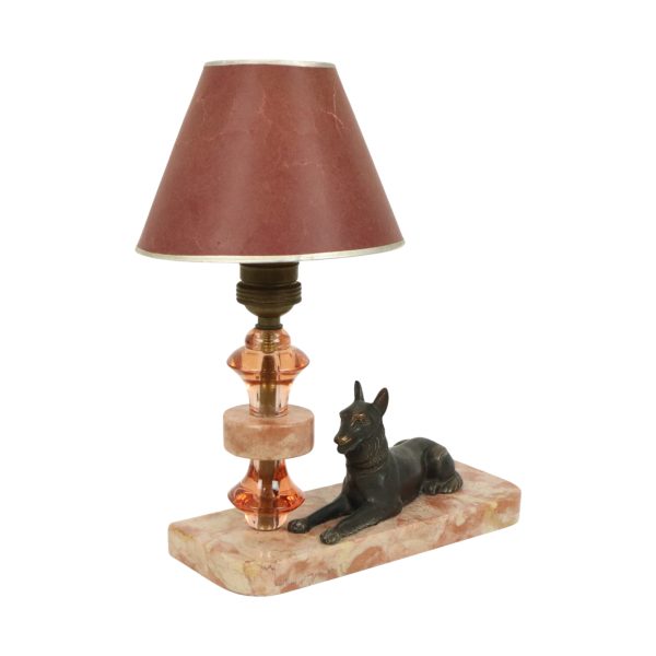Franse Art Deco Tafellamp Roze Marmer Glas Herdershond