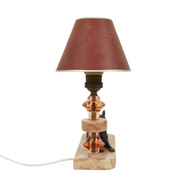 Franse Art Deco Tafellamp Roze Marmer Glas Herdershond