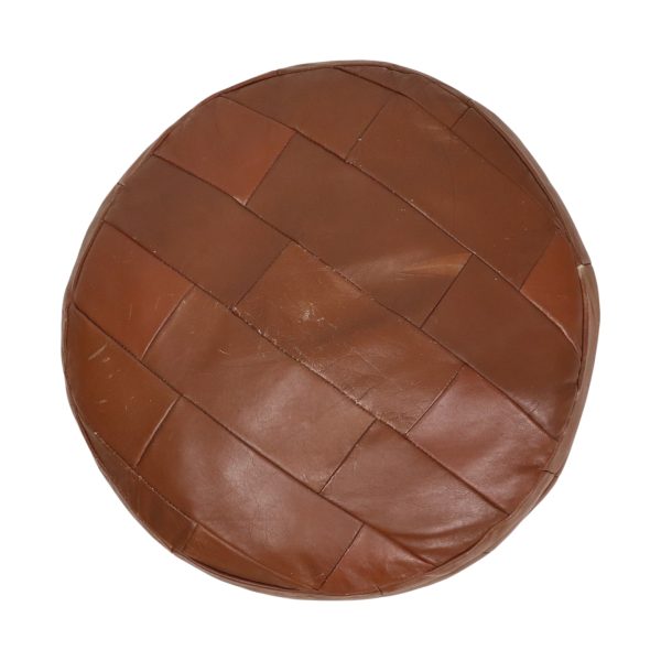 Vintage Ronde Bruine Poef Patchwork Lapjes Kunstleder