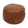 Vintage Ronde Bruine Poef Patchwork Lapjes Kunstleder
