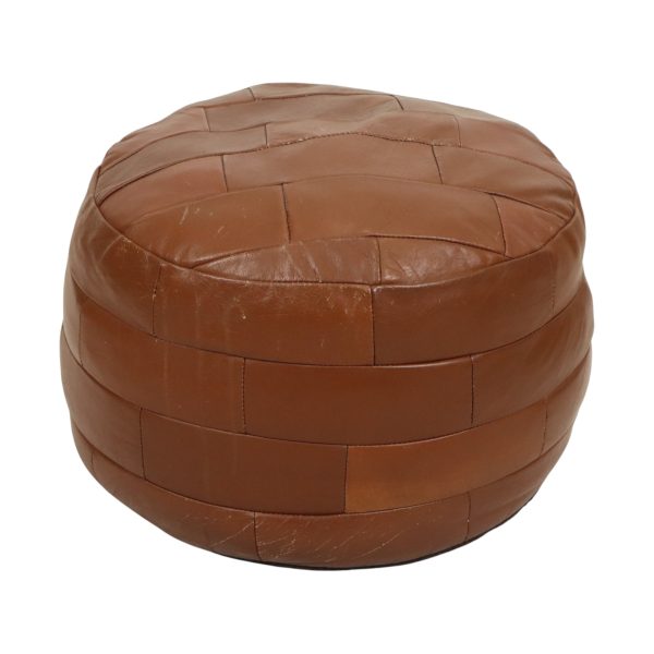 Vintage Ronde Bruine Poef Patchwork Lapjes Kunstleder