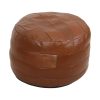 Vintage Ronde Bruine Poef Patchwork Lapjes Kunstleder