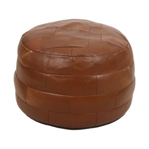 Vintage Ronde Bruine Poef Patchwork Lapjes Kunstleder