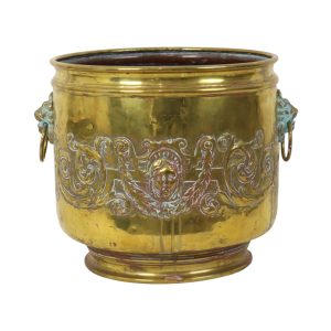 Grote Messing Plantenbak Jardinière Brandhout Repoussé ca 1900