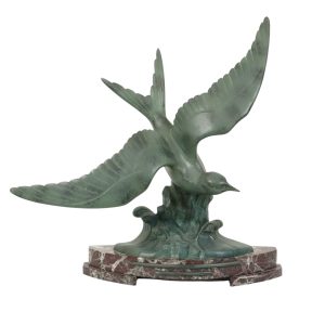 Art Deco Sculptuur Meeuw op Marmeren Basis Brons Patine 51cm