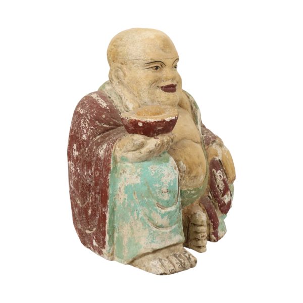 Grote Lachende Boeddha XL Houten Polychroom Beeld 47cm