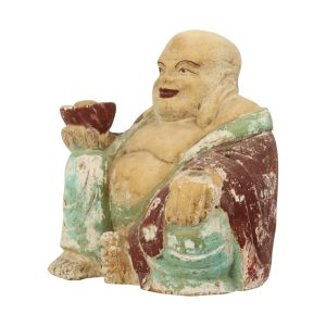 Grote Lachende Boeddha XL Houten Polychroom Beeld 47cm