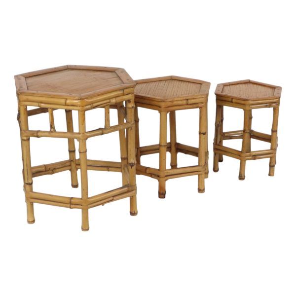 Vintage Set van 3 Bamboe en Rotan Bijzettafels Nesttafels Boho