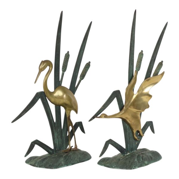 Mid Century Beeldjes Reiger en Eend Messing Groen Metaal 35cm