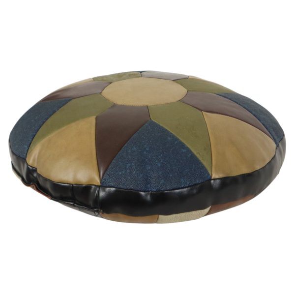 Vintage Rond Patchwork Kussen Dubbelzijdig Skai Kunstleer 44cm Vintage Rond Patchwork Kussen Dubbelzijdig Skai Kunstleer 44cm