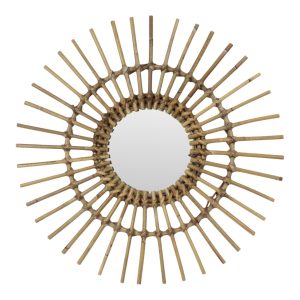 Mid Century Rotan en Bamboe Sunburst Spiegel Frankrijk 58cm