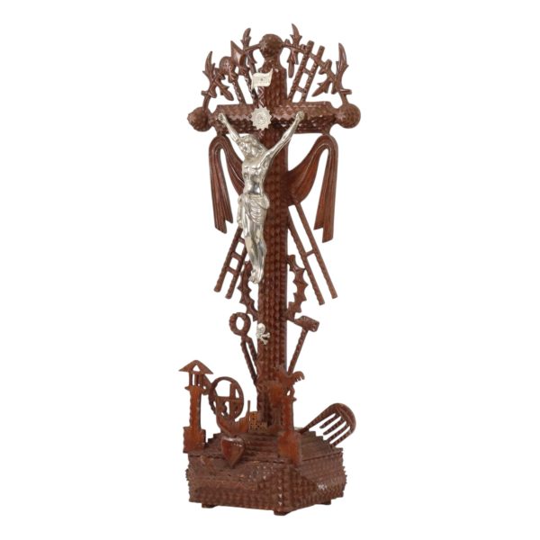 Uniek Tramp Art Kruisbeeld Volkskunst Handgemaakt Begin 20ste 56cm